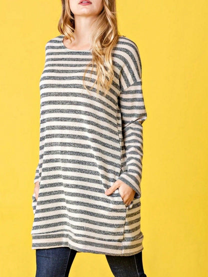 Boho Retro 90's Vintage  Preppy V Stitch  Stripe Knit Contrast Binding Brushed Soft Floral Raglan Sleeve Tunic Top Pullover Only