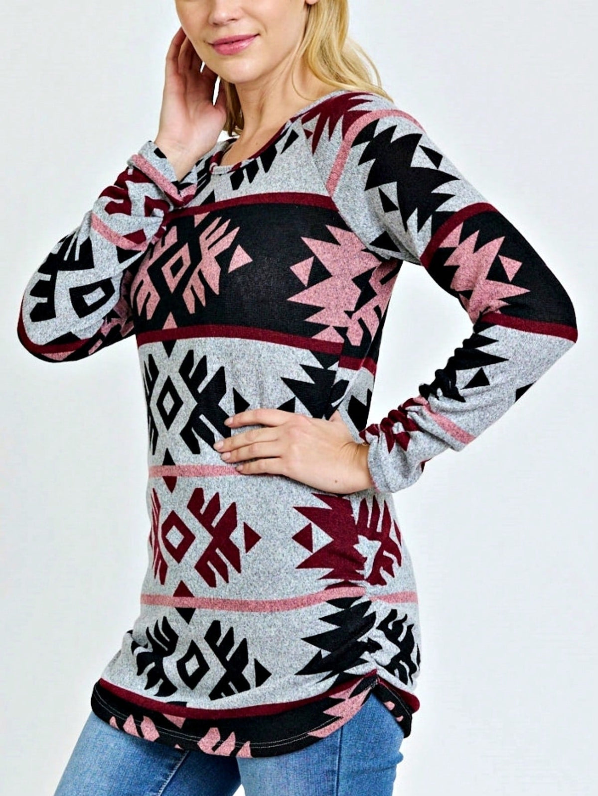 Gold Red Lace Hollow Eyelet Rayon Soft Long  Sleeve Raglan Tunic Top Band Hem Shirt
