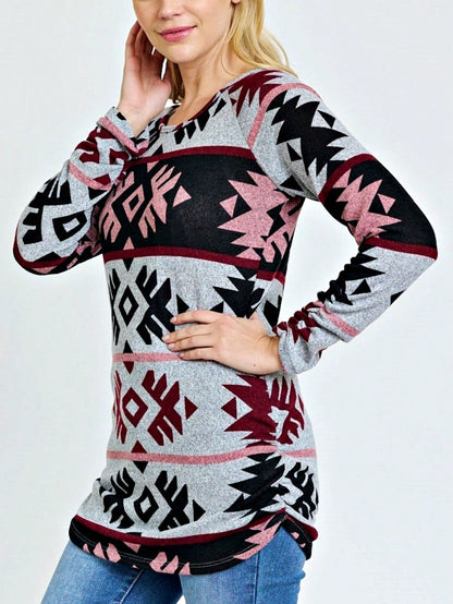 Gold Red Lace Hollow Eyelet Rayon Soft Long  Sleeve Raglan Tunic Top Band Hem Shirt