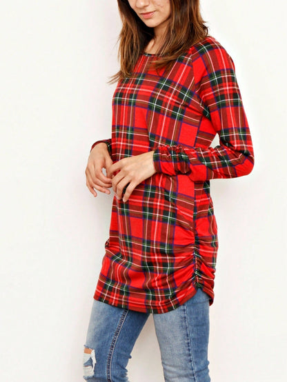 Gold Red Lace Hollow Eyelet Rayon Soft Long  Sleeve Raglan Tunic Top Band Hem Shirt