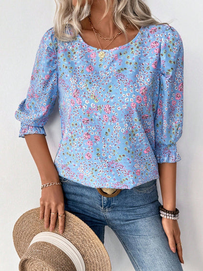 ✨Women's casual round neck pleated cuffs short sleeve top
