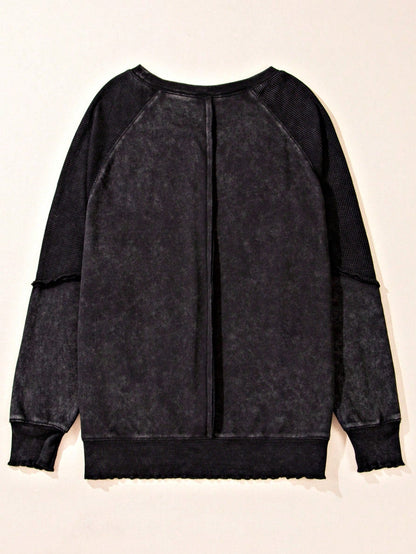 Boho Retro 60's Cotton Mix  Drop Shoulder Mineral Acid Washed Oversized Mock Neck Dolman T Shirt Top  Sweat Shirt