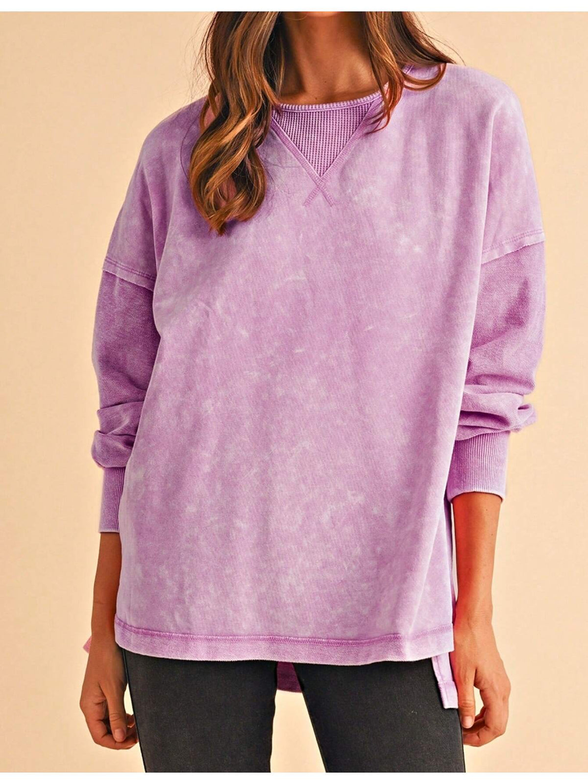 Boho Retro 60's Cotton Mix  Drop Shoulder Mineral Acid Washed Oversized Side Slit Dolman Shirt Top  Sweatshirt Pullover