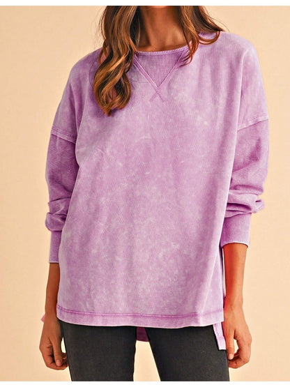 Boho Retro 60's Cotton Mix  Drop Shoulder Mineral Acid Washed Oversized Side Slit Dolman Shirt Top  Sweatshirt Pullover