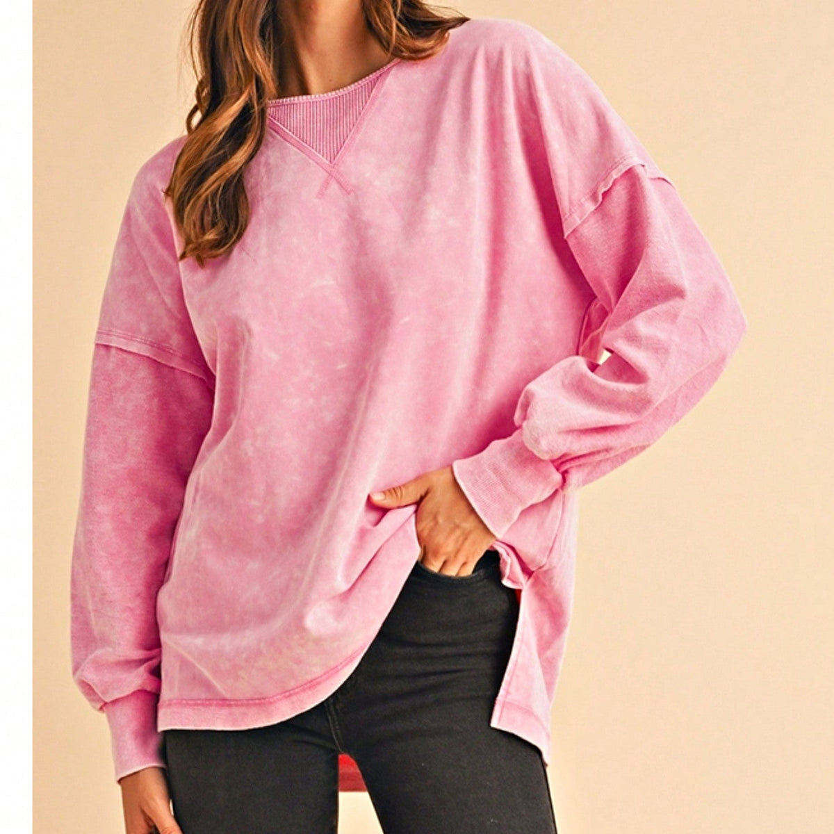 Boho Retro 60's Cotton Mix  Drop Shoulder Mineral Acid Washed Oversized Side Slit Dolman Shirt Top  Sweatshirt Pullover
