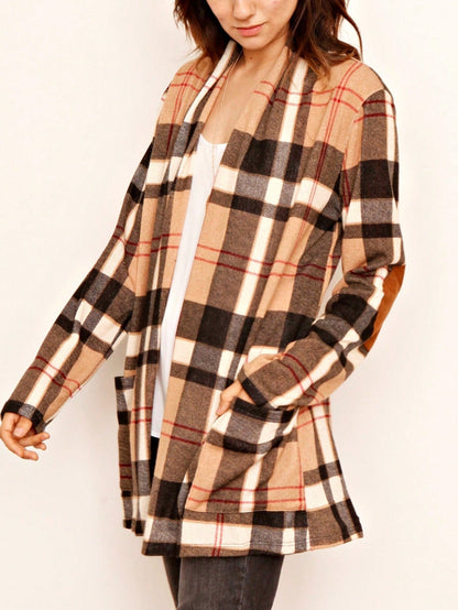 Boho Vintage Plaid Yellow Red Long Sleeve Cardigan With Pockets
