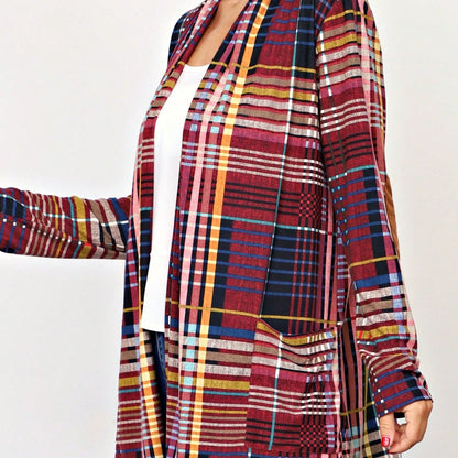 Boho Vintage Plaid Yellow Red Long Sleeve Cardigan With Pockets