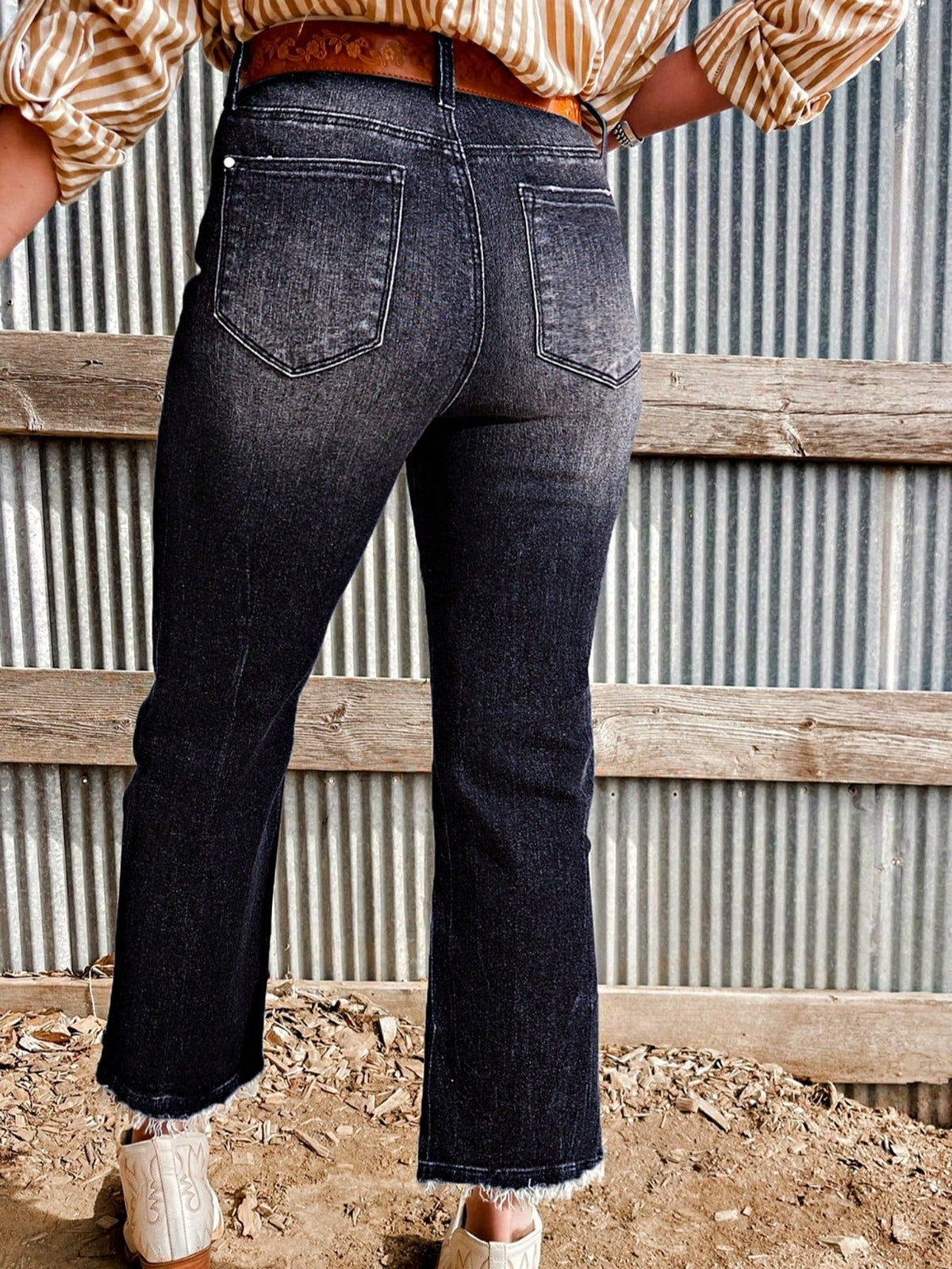 Boho Cotton Carbon Grey Mineral Wash Raw Tattered Hem Mid High Waist Cropped Semi Ankle Boot Cut Jeans