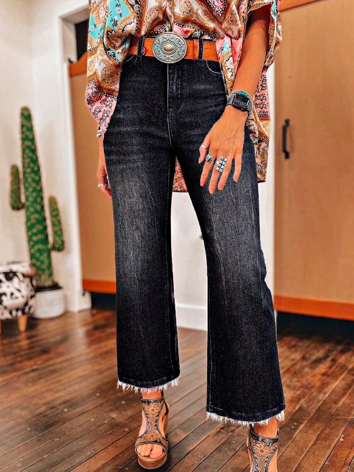 Boho Cotton Carbon Grey Mineral Wash Raw Tattered Hem Mid High Waist Cropped Semi Ankle Boot Cut Jeans