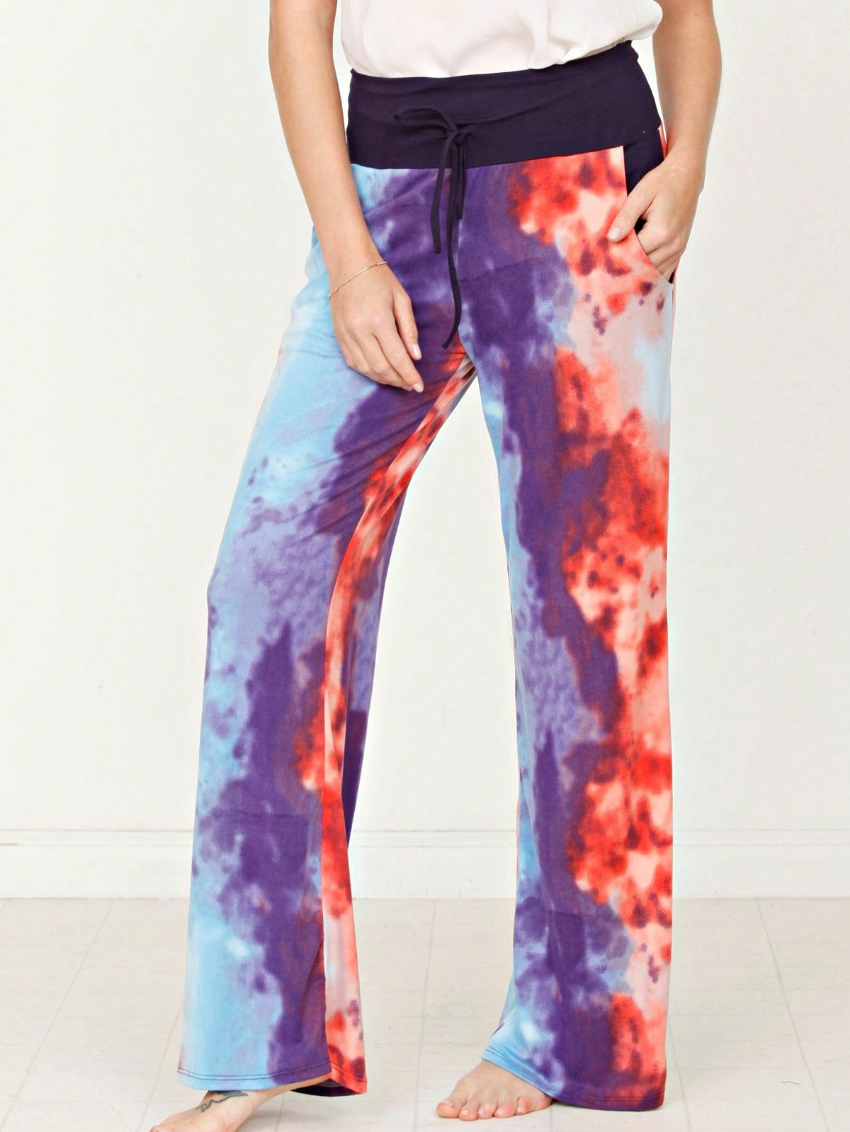 Floral Drawstring Fold Over Band Wide Leg Lounge Pants