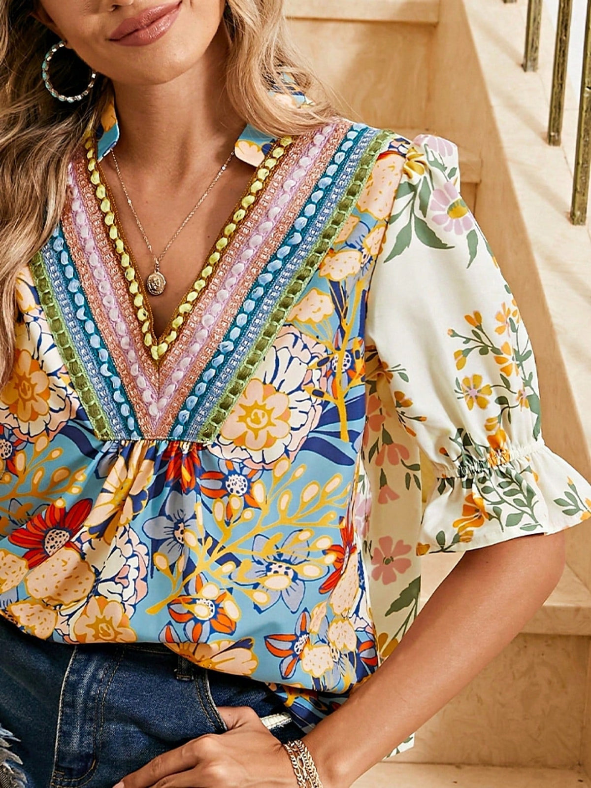 Boho Retro Vintage Viscose 90's Khaki Beige Apricot Ruffle V Neck Half Sleeve Loose Top Shirt Blouse