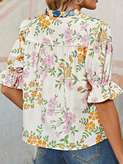 Boho Retro Vintage Viscose 90's Khaki Beige Apricot Ruffle V Neck Half Sleeve Loose Top Shirt Blouse
