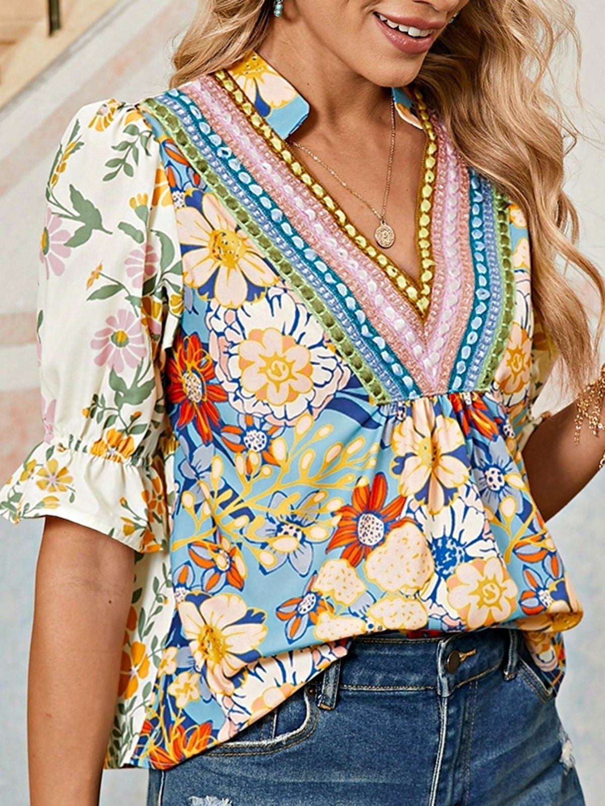 Boho Retro Vintage Viscose 90's Khaki Beige Apricot Ruffle V Neck Half Sleeve Loose Top Shirt Blouse