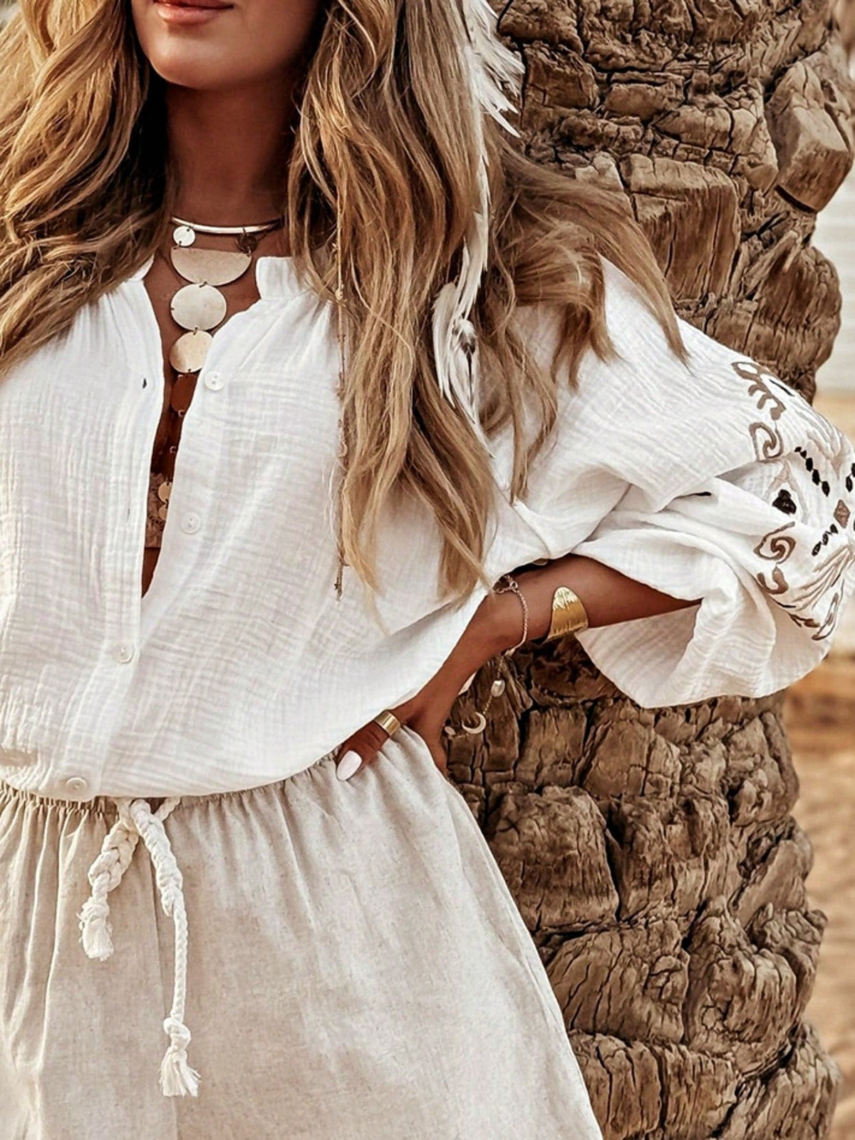 Boho Retro Vintage Cotton 90's Ivory Beige Crochet V Neck Long Sleeve Lace Loose Knit  Button Top Shirt Blouse Cardigan
