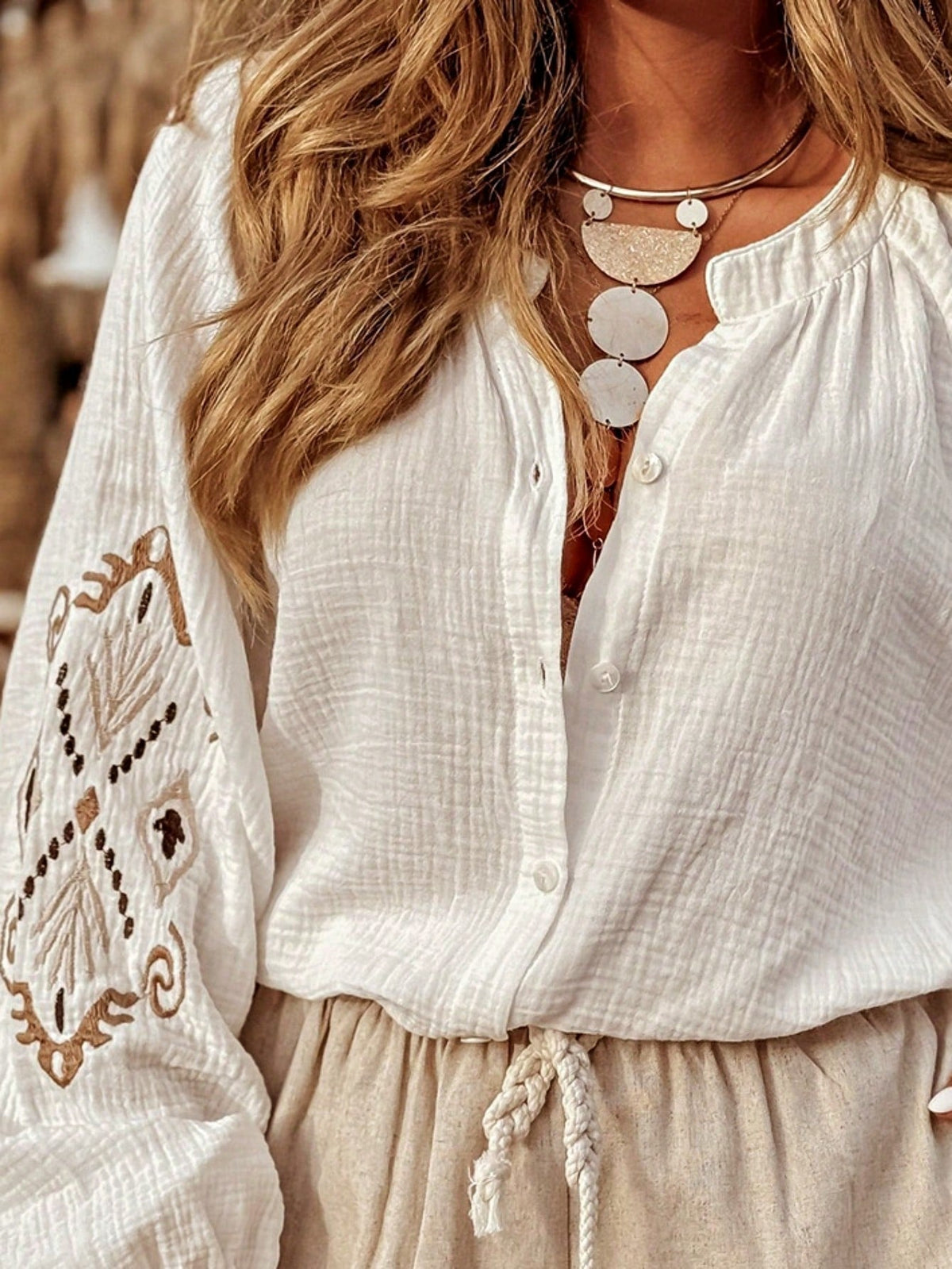 Boho Retro Vintage Cotton 90's Ivory Beige Crochet V Neck Long Sleeve Lace Loose Knit  Button Top Shirt Blouse Cardigan