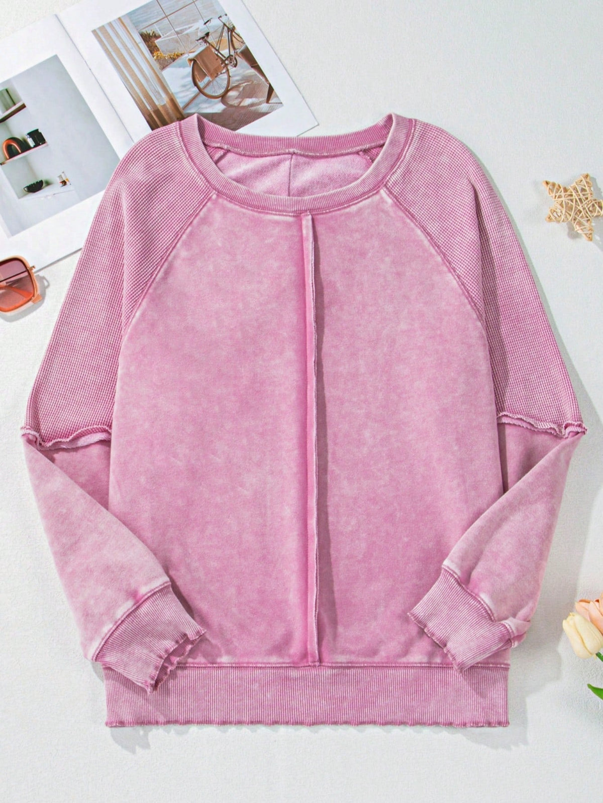 Boho Retro 60's Cotton Mix  Drop Shoulder Mineral Acid Washed Oversized Mock Neck Dolman T Shirt Top  Sweat Shirt