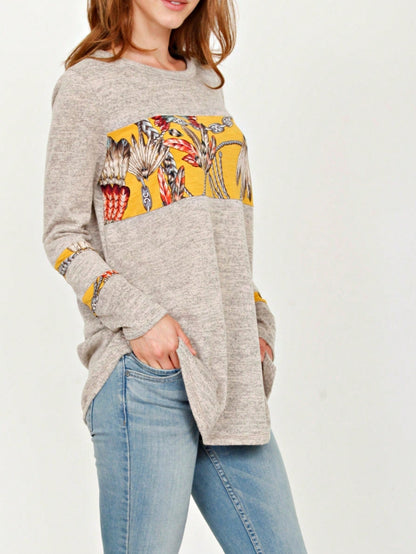 Boho Retro 90's Vintage Out Stitch Raglan Sleeve Cuff Paisley Plaid Checker Christmas Stripe Leopard  Accented Knit Top Shirt Blouse