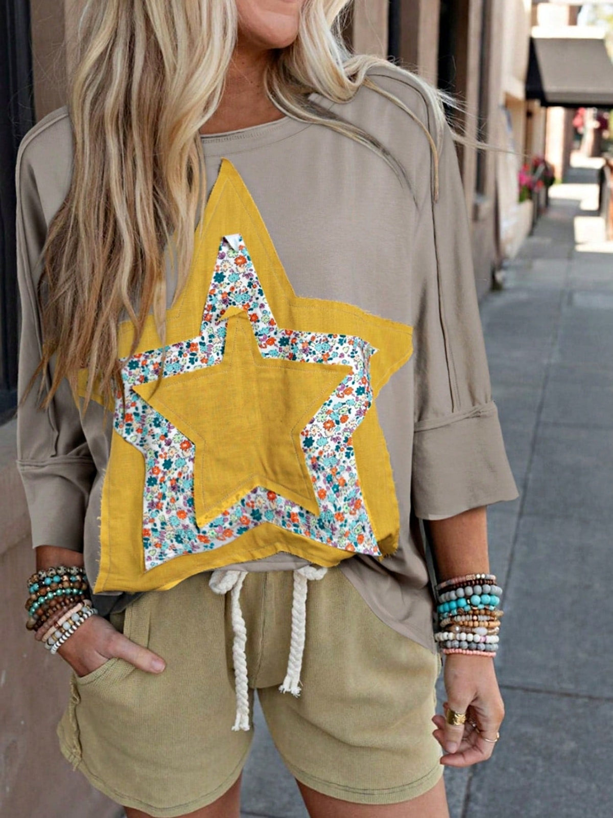 Boho Retro Vintage 60's Vibe Cream Cotton Raglan Lantern Bubble Puff  Sleeve  Floral Rib Patchwork Top Sweat Shirt Blouse