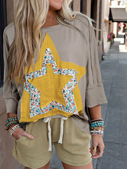 Boho Retro Vintage 60's Vibe Cream Cotton Raglan Lantern Bubble Puff  Sleeve  Floral Rib Patchwork Top Sweat Shirt Blouse