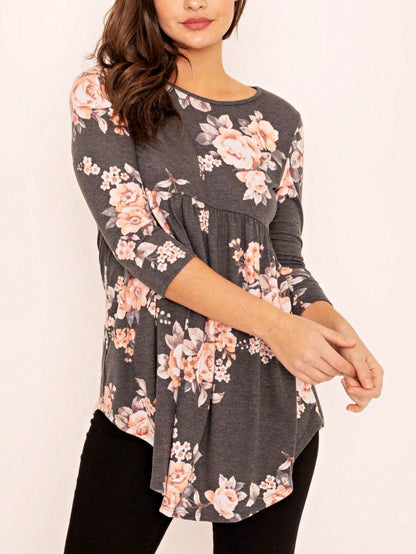 Boho Vintage Black  Charcoal Quilted PatchWork Pattern Raglan Ruffle Flare Sleeve Tunic Blouse Top Small To 3XL Plus