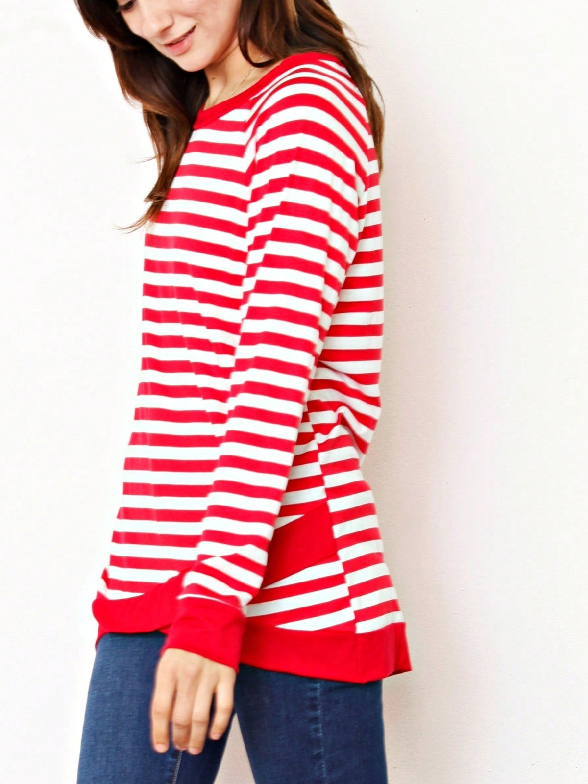Boho Retro Knot Twisted Front Floral Stripe Knit  Top Blouse Shirt Pullover With Front Pocket