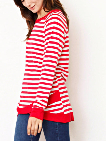 Boho Retro Knot Twisted Front Floral Stripe Knit  Top Blouse Shirt Pullover With Front Pocket