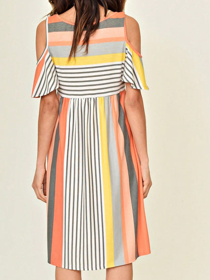 Boho Retro  Solid Stripe Ruffle Layered Sleeve Rayon  Tunic Mini Dress Flounce Sleeve