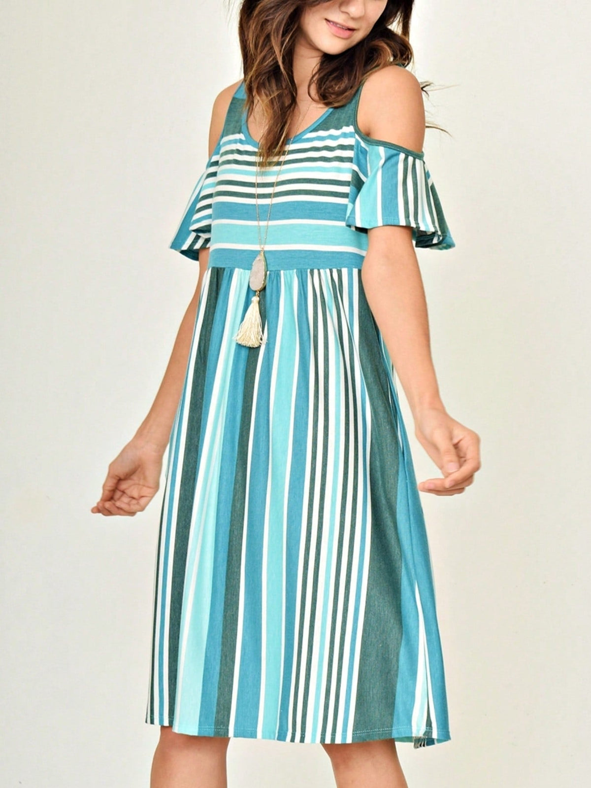 Boho Retro  Solid Stripe Ruffle Layered Sleeve Rayon  Tunic Mini Dress Flounce Sleeve