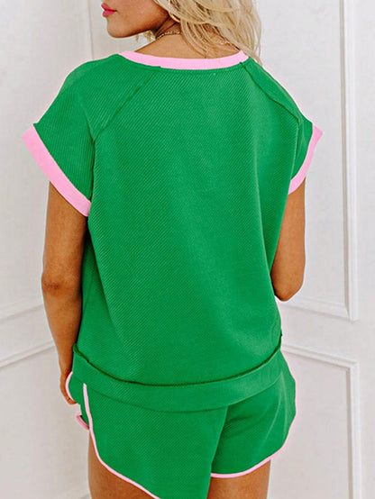 Boho Retro 90's Cotton Stripe Button Drop Shoulder Dolman Henley Top & Pants Shorts Set