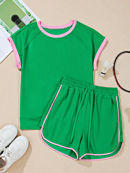 Boho Retro 90's Cotton Stripe Button Drop Shoulder Dolman Henley Top & Pants Shorts Set
