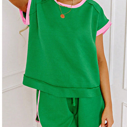 Boho Retro 90's Cotton Stripe Button Drop Shoulder Dolman Henley Top & Pants Shorts Set