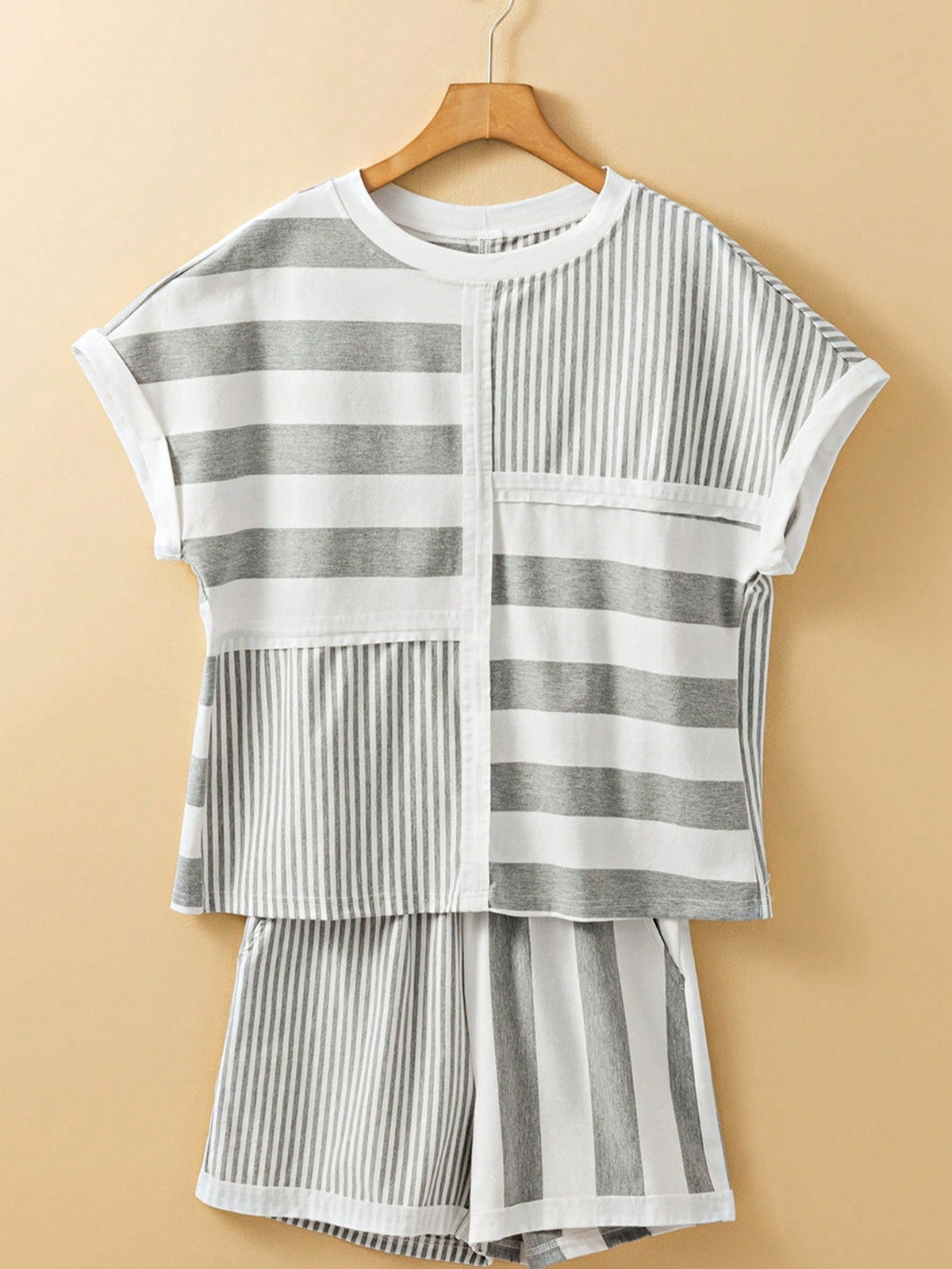 Boho Retro 90's Cotton Stripe Button Drop Shoulder Dolman Henley Top & Pants Shorts Set