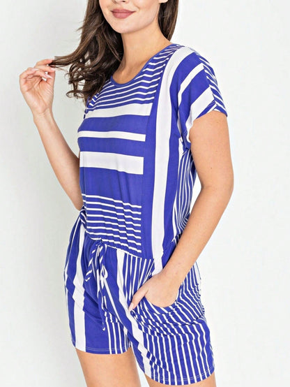 Boho Casual Green Navy Blue Tank Cami Romper Short Sleeve Double Pockets