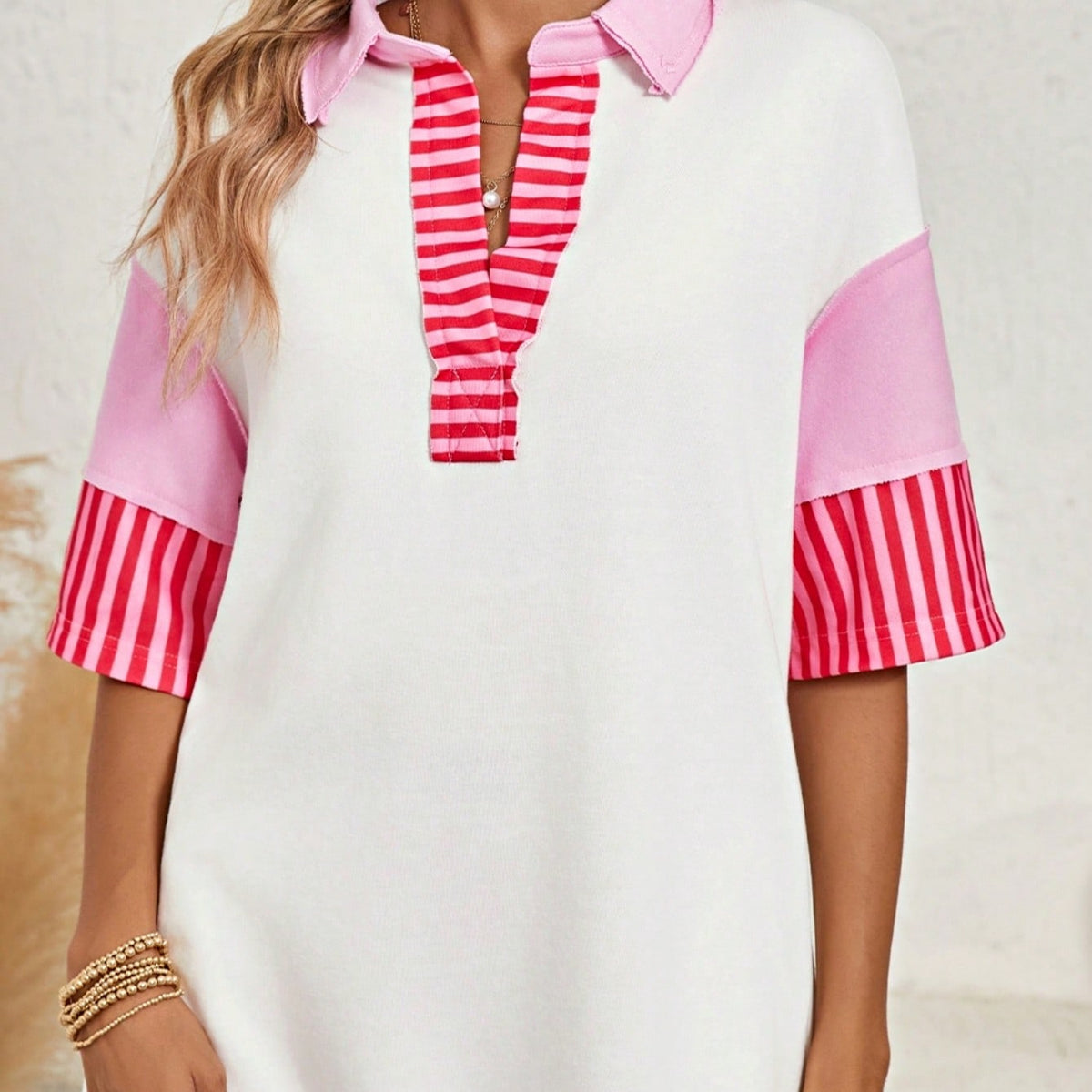 Boho Retro Vintage 90's Stripe Cotton Drop Shoulder Over Size V Neck Rugby  Preppy Shirt  Top Pullover Sweater