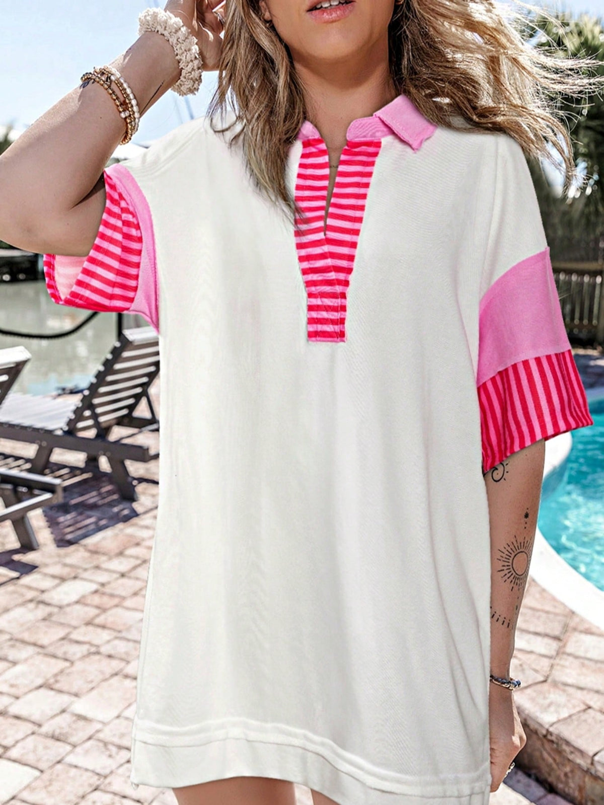 Boho Retro Vintage 90's Stripe Cotton Drop Shoulder Over Size V Neck Rugby  Preppy Shirt  Top Pullover Sweater