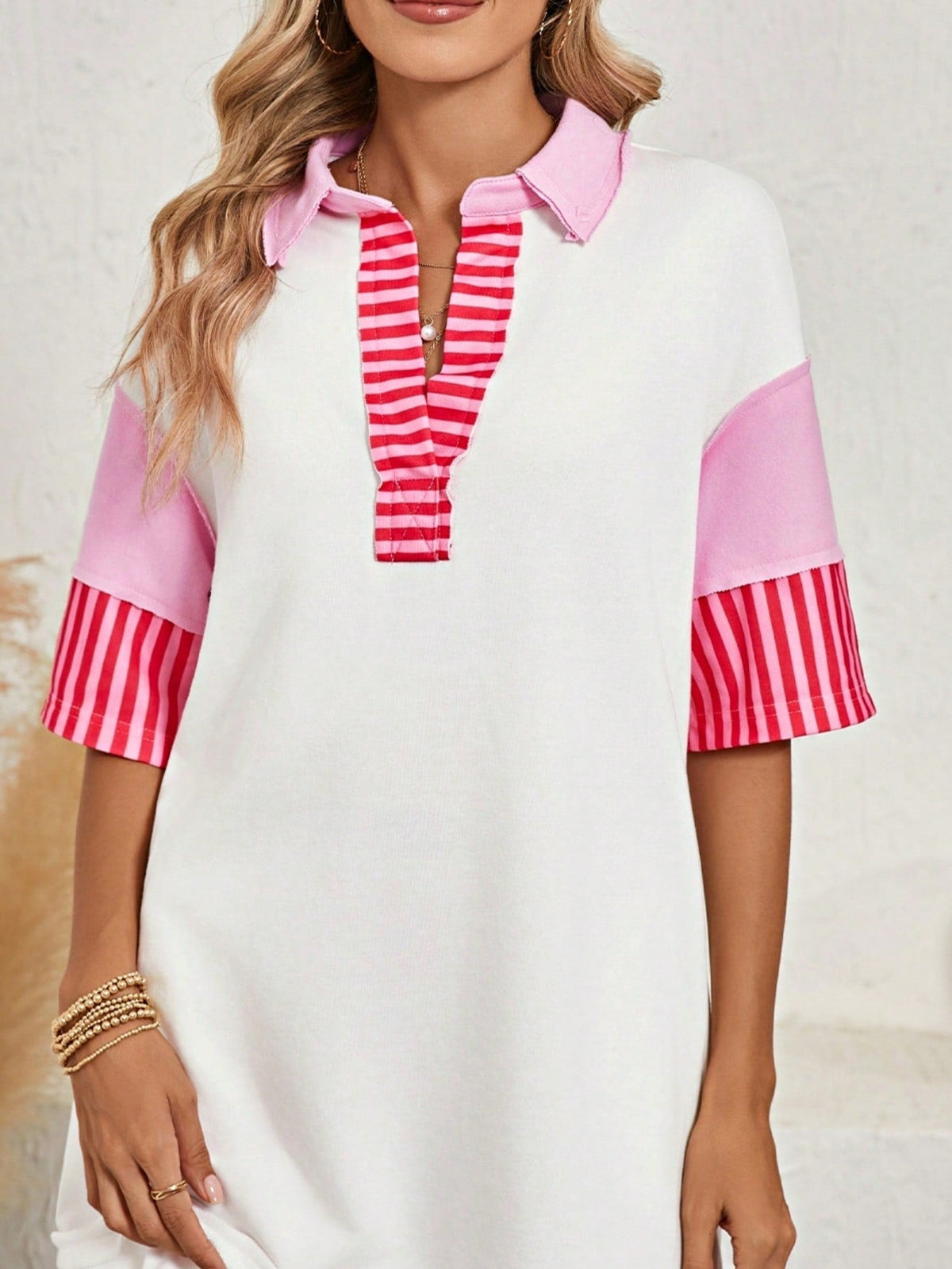 Boho Retro Vintage 90's Stripe Cotton Drop Shoulder Over Size V Neck Rugby  Preppy Shirt  Top Pullover Sweater