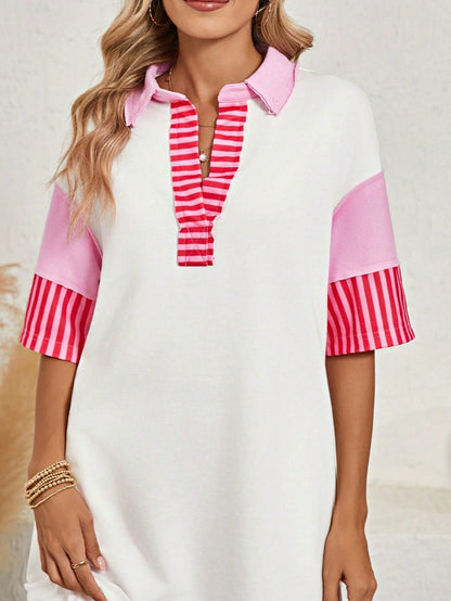 Boho Retro Vintage 90's Stripe Cotton Drop Shoulder Over Size V Neck Rugby  Preppy Shirt  Top Pullover Sweater