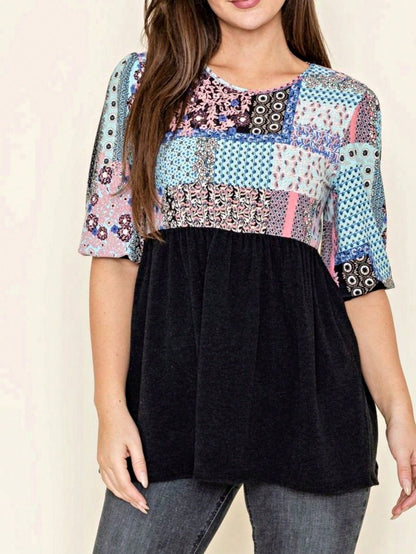 Boho Retro Baby Doll Ivory Navy Blue Floral Color Block Tunic Top Shirt