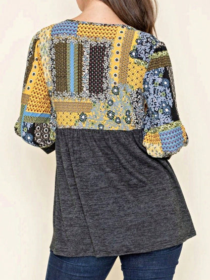 Boho Retro Baby Doll Ivory Navy Blue Floral Color Block Tunic Top Shirt
