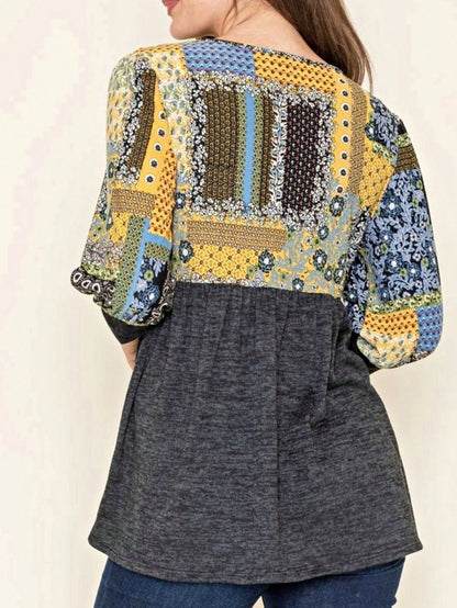Boho Retro Baby Doll Ivory Navy Blue Floral Color Block Tunic Top Shirt