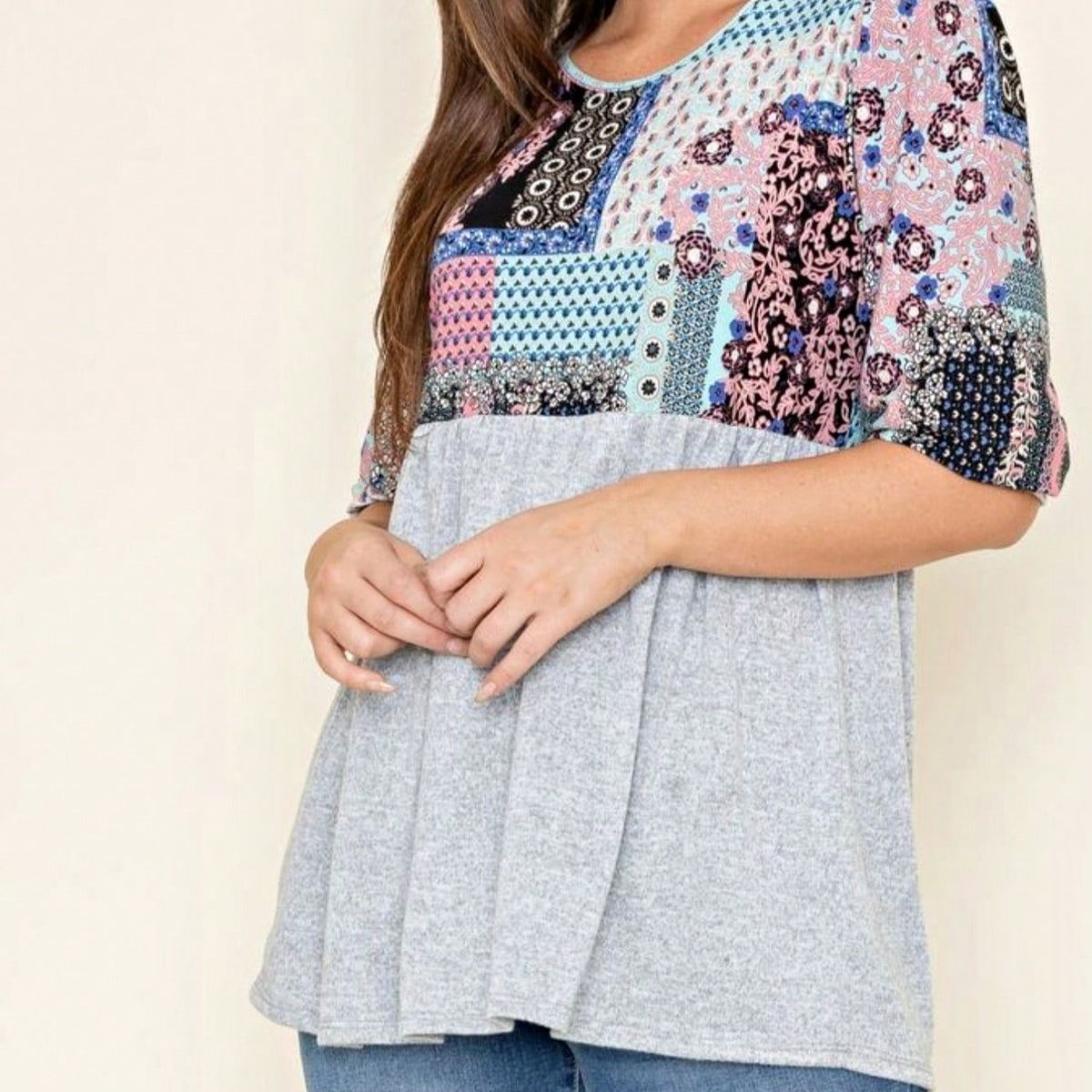 Boho Retro Baby Doll Ivory Navy Blue Floral Color Block Tunic Top Shirt