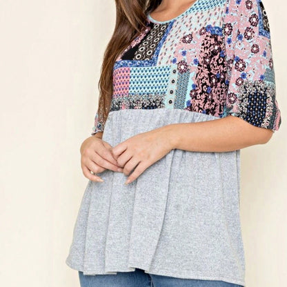 Boho Retro Baby Doll Ivory Navy Blue Floral Color Block Tunic Top Shirt