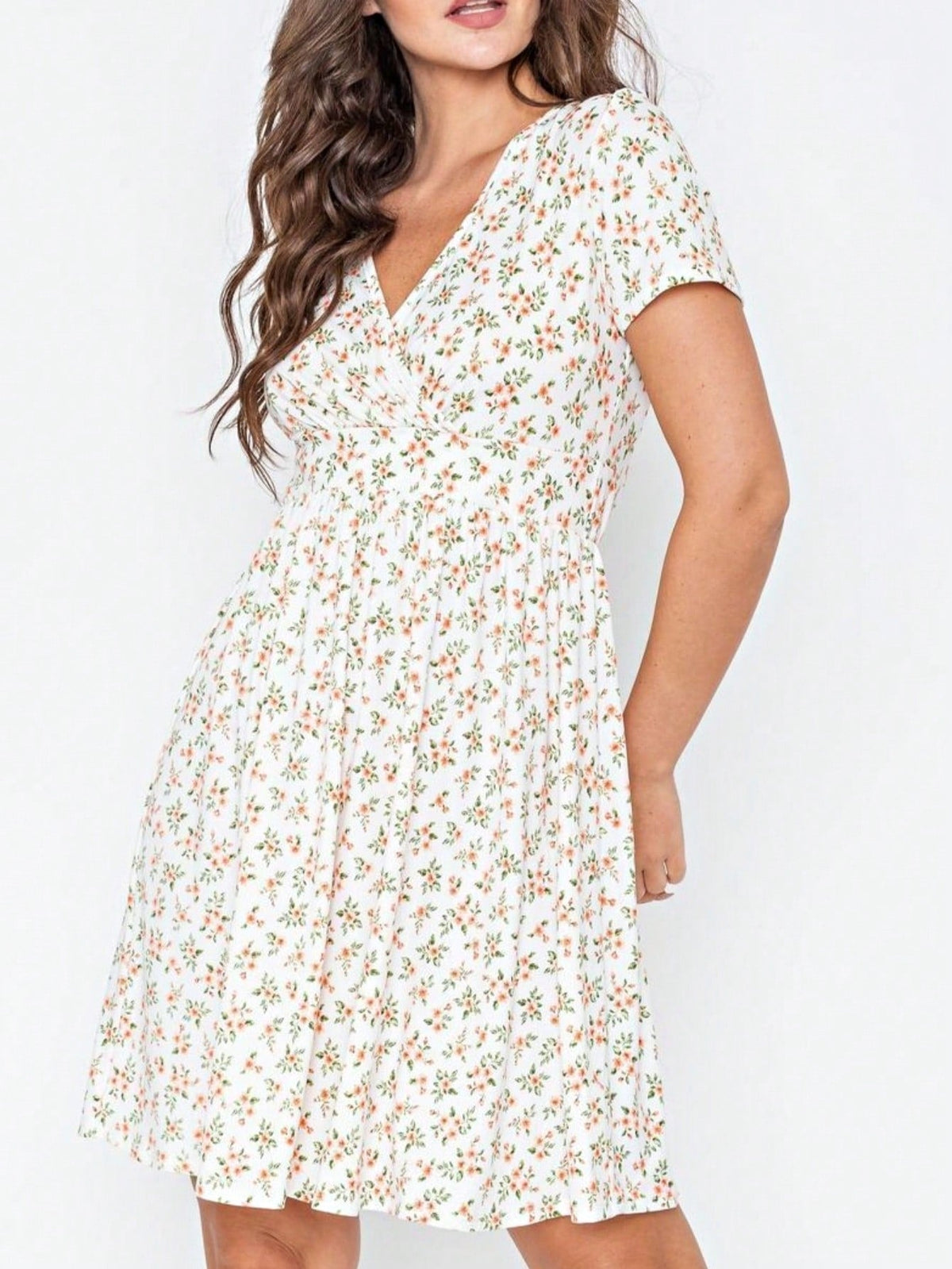 Boho Retro Sage Navy Pink Black Ditsy Floral Surplice Deep V Neck Band Waist Shirring Soft Swing Dress Small To 3 XL Plus