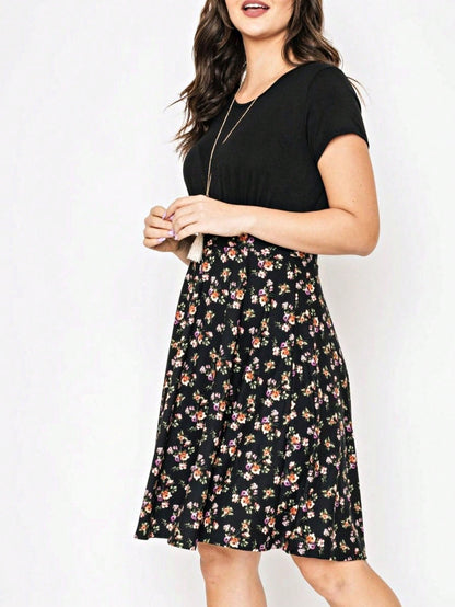 Contrast Mixed Ditsy Print Ruffled Hem Tiered Knee Length T Shirt Dress | S To 3X Plus