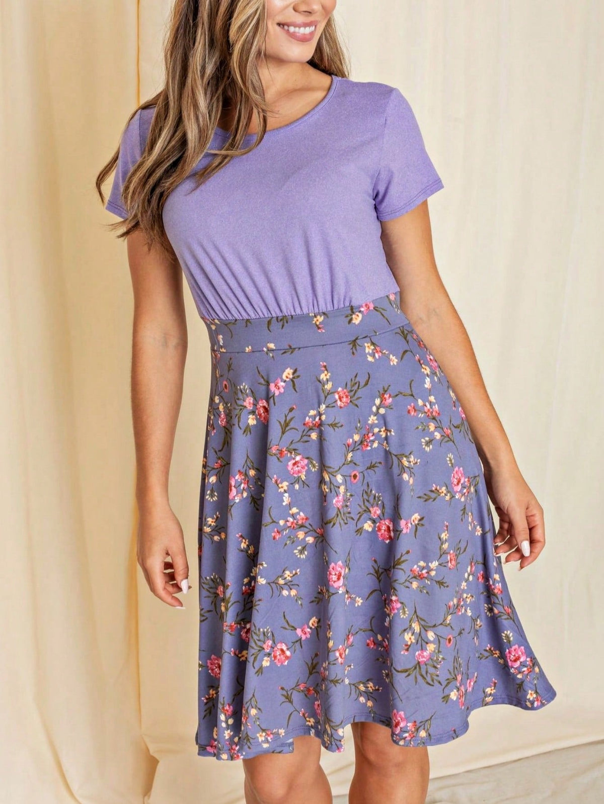 Contrast Mixed Ditsy Print Ruffled Hem Tiered Knee Length T Shirt Dress | S To 3X Plus