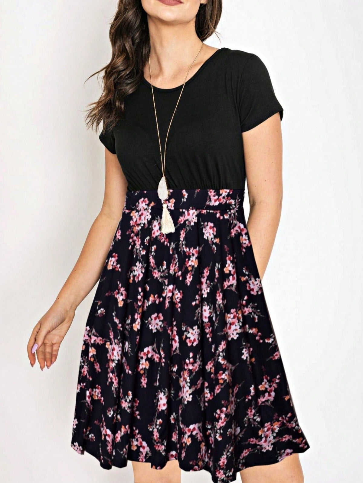 Contrast Mixed Ditsy Print Ruffled Hem Tiered Knee Length T Shirt Dress | S To 3X Plus