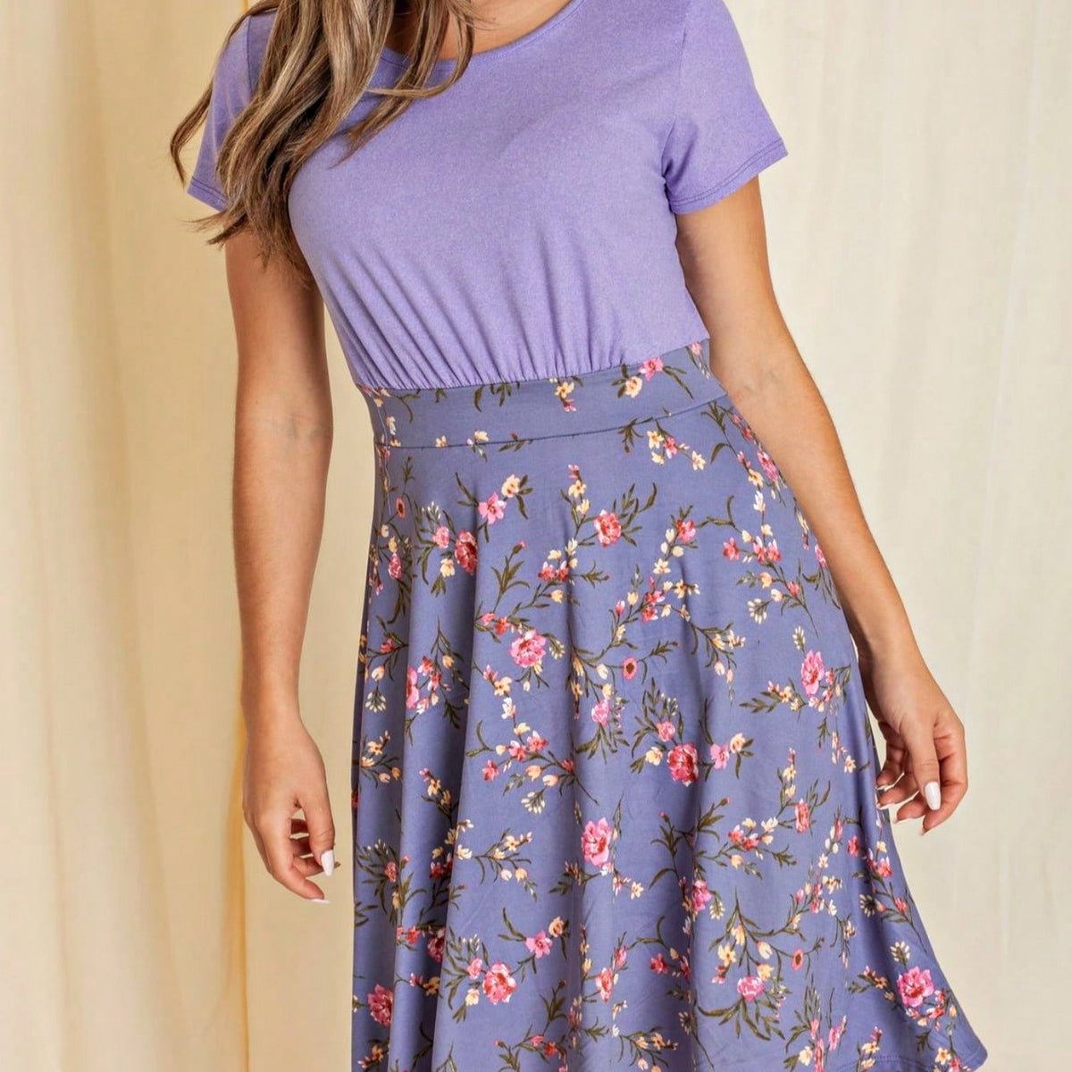 Contrast Mixed Ditsy Print Ruffled Hem Tiered Knee Length T Shirt Dress | S To 3X Plus