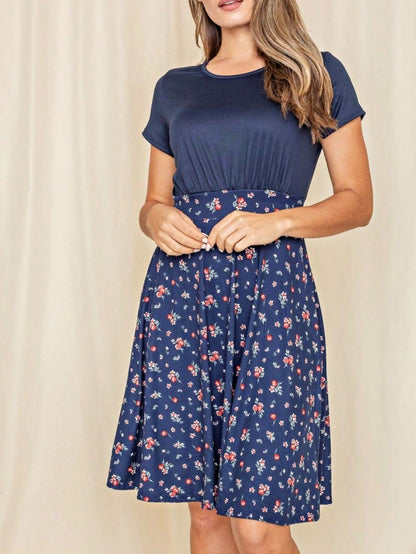 Contrast Mixed Ditsy Print Ruffled Hem Tiered Knee Length T Shirt Dress | S To 3X Plus