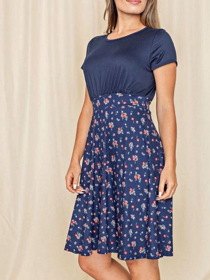 Contrast Mixed Ditsy Print Ruffled Hem Tiered Knee Length T Shirt Dress | S To 3X Plus
