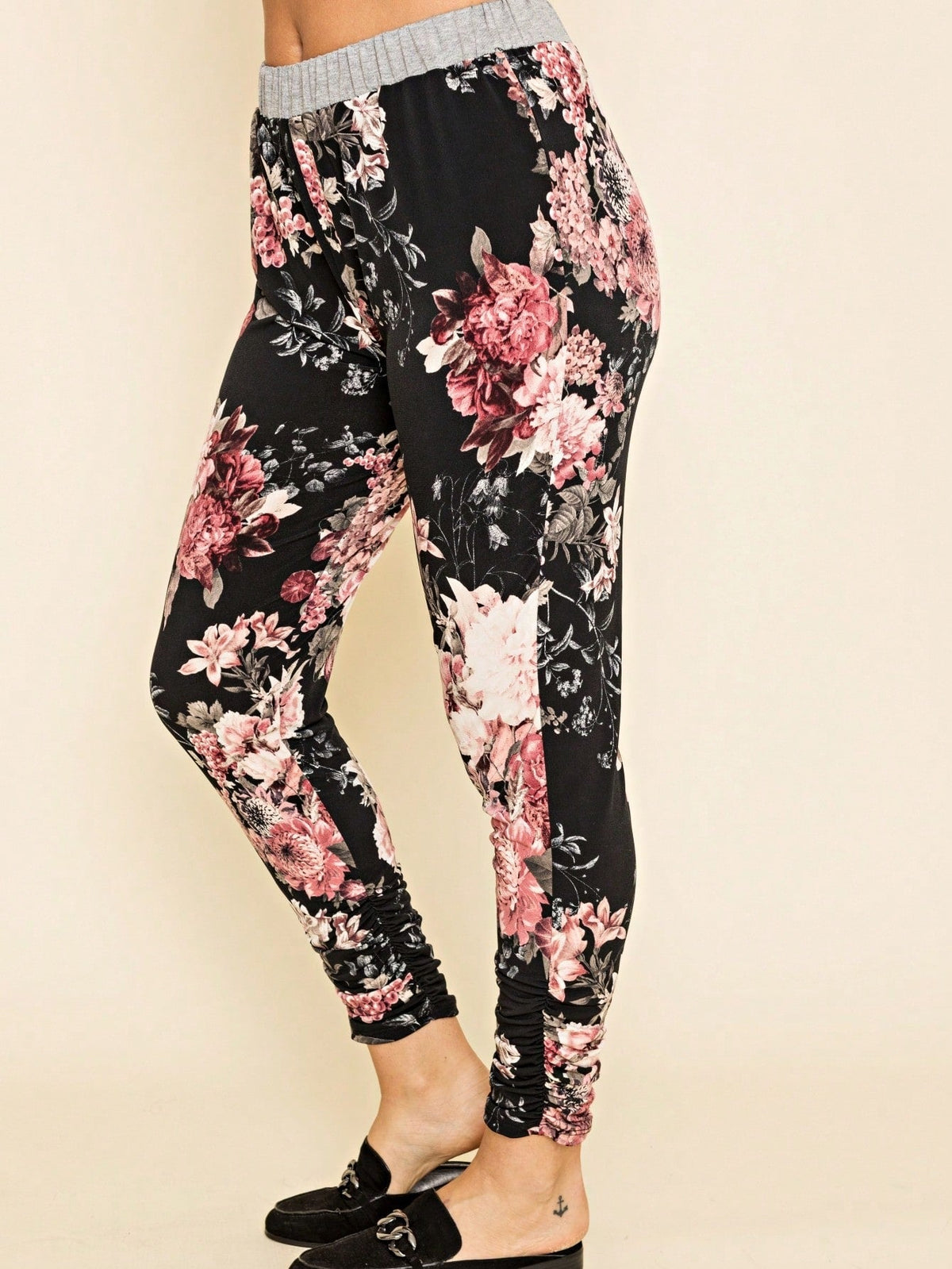 Boho Retro 90's Tie Dye Pink Blue Solid Olive Navy Black Charcoal  Grey Shirred Ruched Cuff  Jogger Pants With Drawstring And Pocket